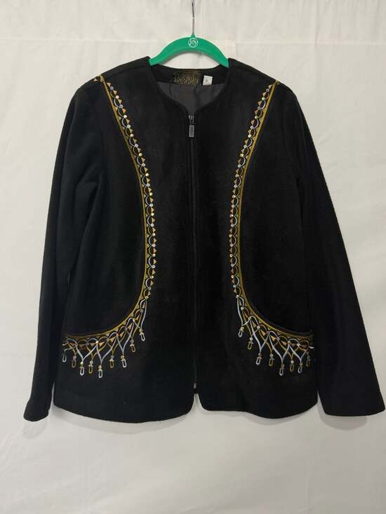 Bob Mackie Jackets & Blazers - Bob Mackie Wearable Art Black Fleece Full Zip Embroidered Jacket Sz Medium